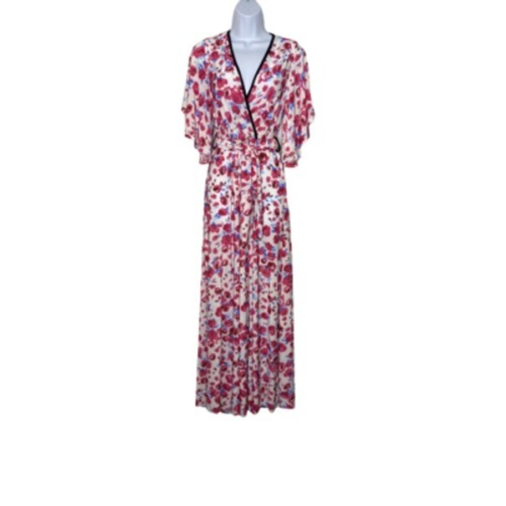 Go Couture Womens Wrap Dress White Red Floral‎ Stretch Flutter Sleeve Tie S New